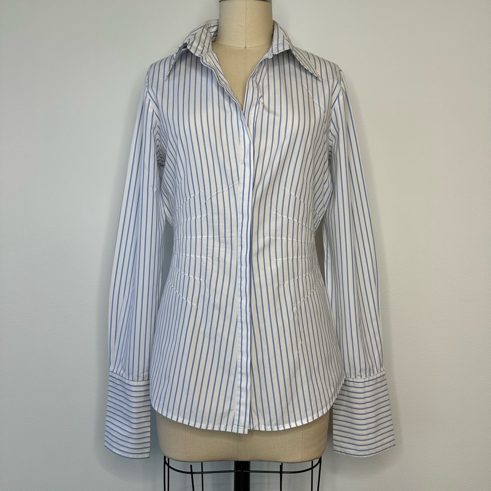 Farinaz Taghavi White and Blue Striped Button Down Shirt with Collar
